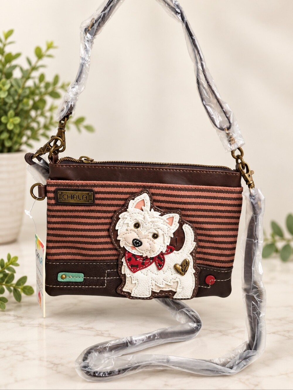 Chala Westie Dog Mini Crossbody Bag Burgundy Stripe   NWT